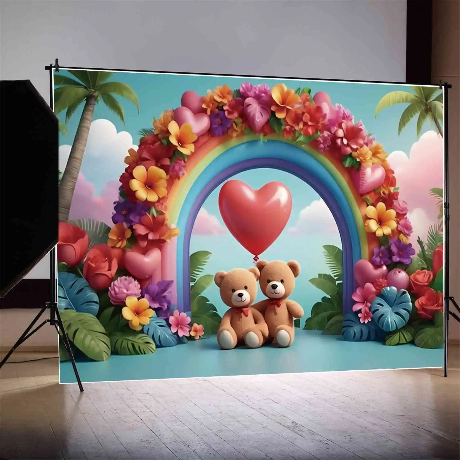 MOON.QG Teddy Bear bambini sfondi fiore palloncino tropicale sfondo personalizzato festa di compleanno decorazione puntelli fotografici
