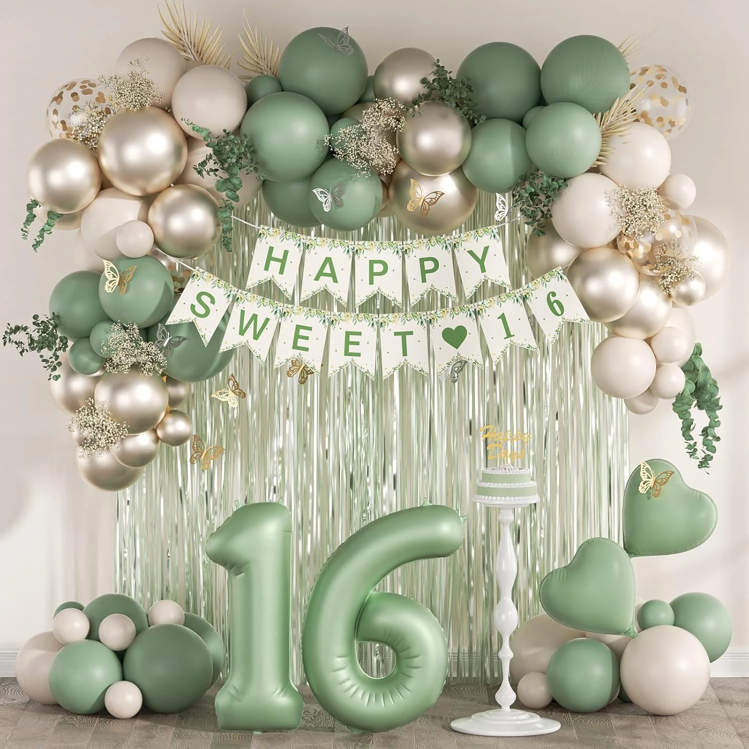 73 Piezas de Decoración para Fiesta de Quinceañera: Pancarta de Cumpleaños Número 16, Globo Número 16, Cortina de Flecos y Globos en Verde Salvia, Blanco Arena y Dorado