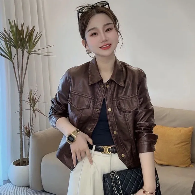 Women Autumn Winter Casual Faux Leather Biker Jacket Lapel Collar Loose Short Pu Coat Versatile Outerwear