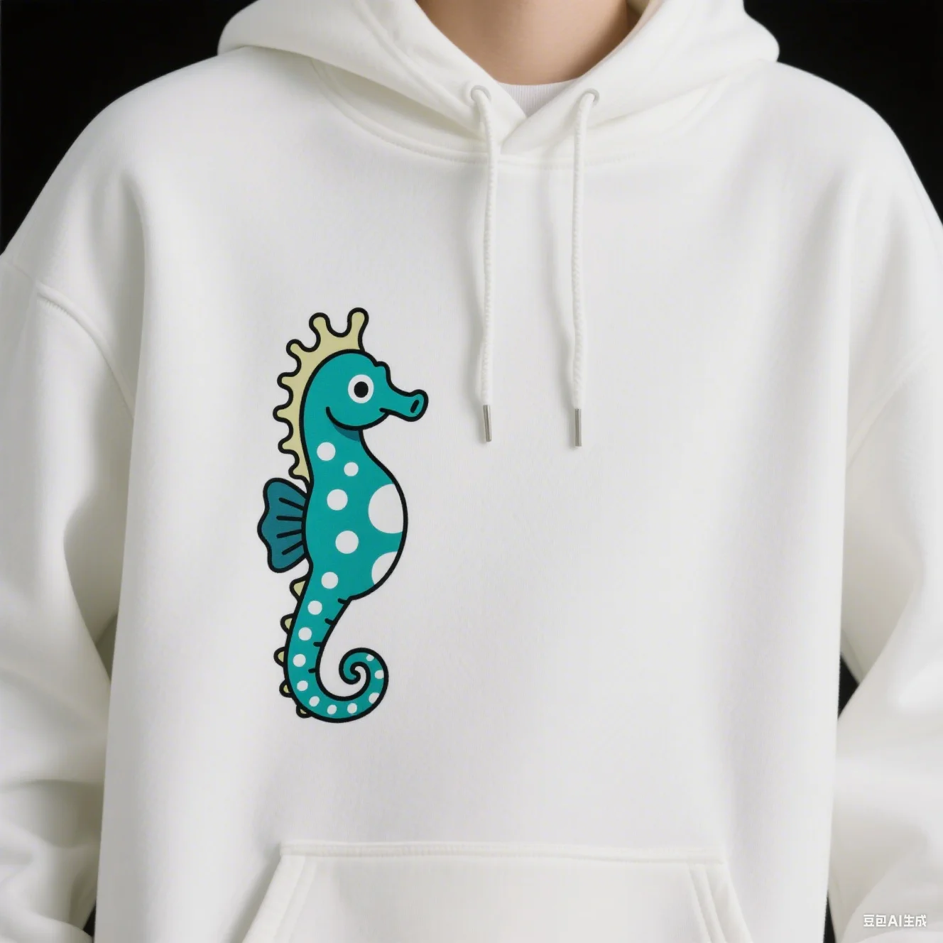 سويت شيرت بغطاء للرأس عالي التحمل 330G مع طباعة فرس البحر المستقيمة باللون الأسود والأبيض ونمط سحري فريد من نوعه