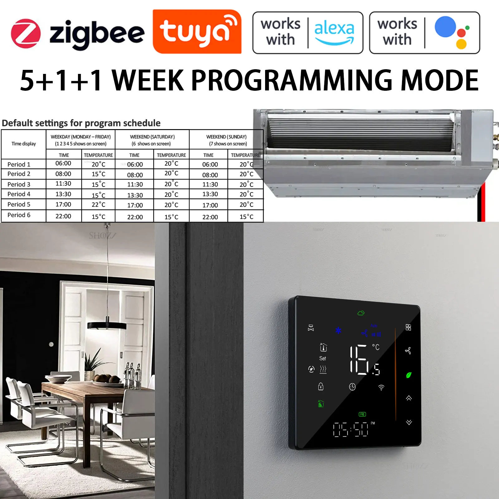 Zigbee&Wi-Fi TUYA 2/4 Pipe Fan Coil Room Thermostat - HVAC Temperature Controller For Heating And Cooling 12VAC 24VAC 95-240VAC