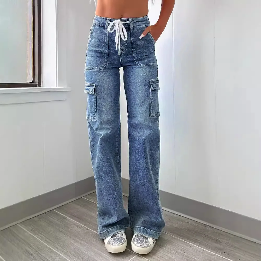 2025 Jeans casual a gamba dritta Pantaloni da lavoro funzionali multitket da donna Pantaloni lunghi americani Sle Jeans estivi larghi