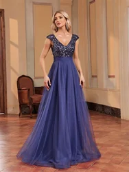 Lucyinlove Luxury V-neck Chiffon Blue Evening Dress Long 2024  Elegant Sequins Sleeveless Party Galadress Prom Cocktail Gowns