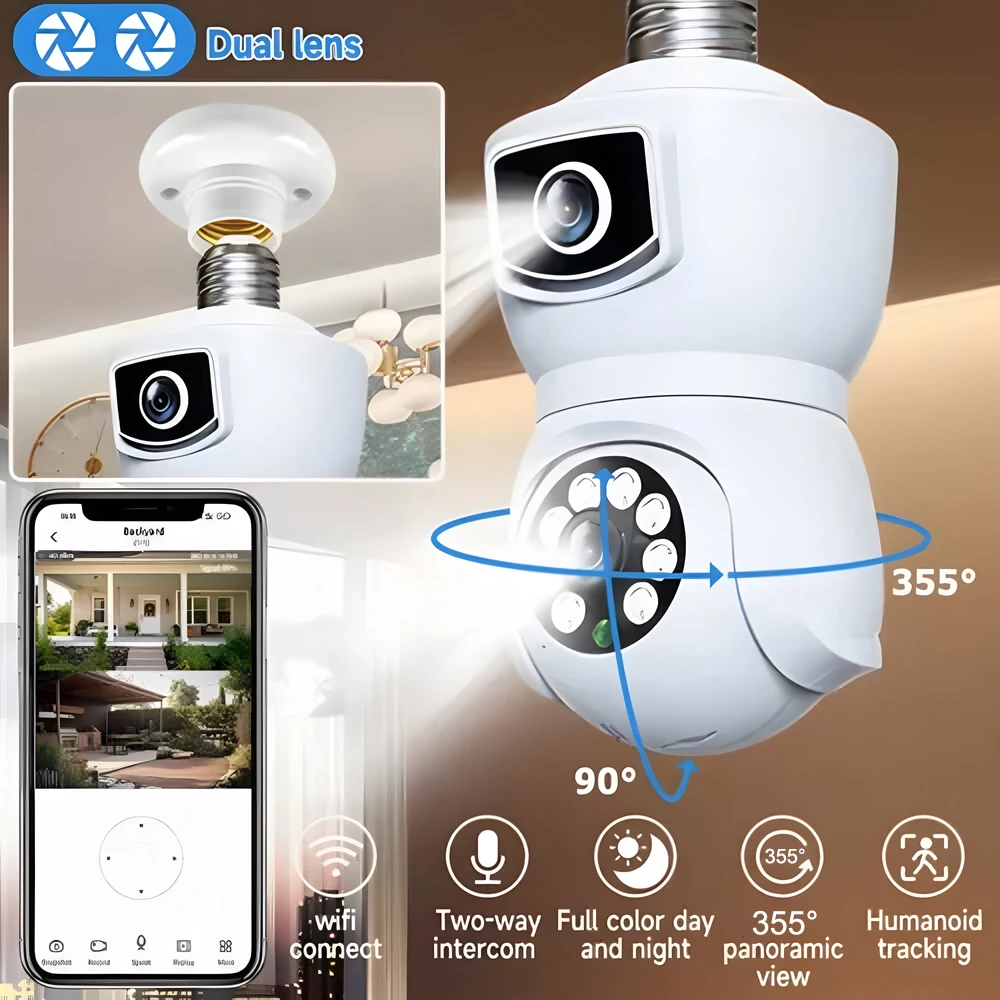 4K 8MP E27 WiFi-camera met dubbele lens, kleuren nachtzicht, automatische IP-camera tracking, tweerichtingsaudio, binnen- en buitengebruik,