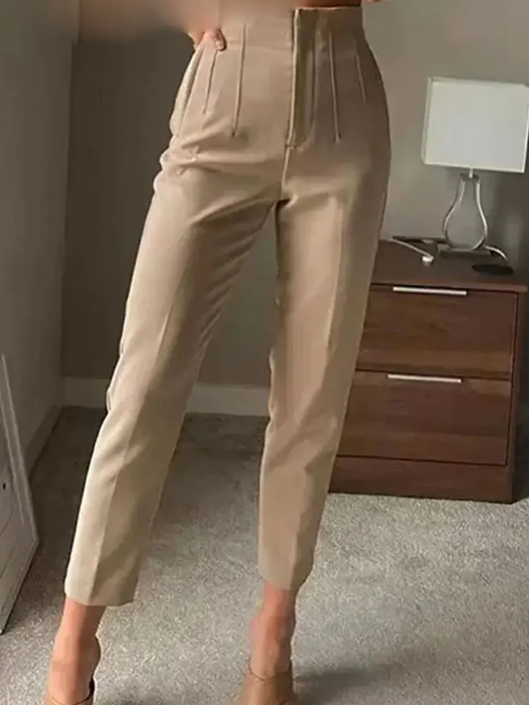 Damskie spodnie ołówkowe z wysokim stanem, dopasowane, zapinane na zamek, długie, eleganckie, do pracy, biurowe, streetwear, 2024