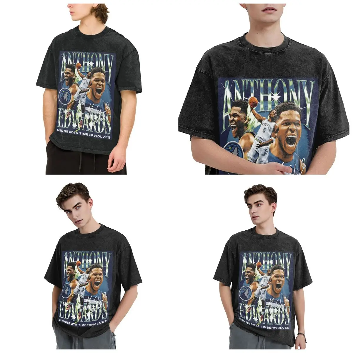 Anthony Edwards Minnesota Basketball Hip Hop Short Sleeve T-Shirts Washed Tops Tees Streetwear T Shirt Oversized for Men woman