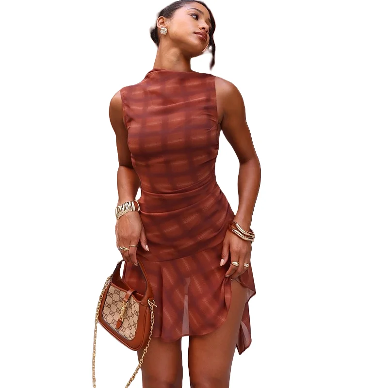 

Women's Plaid Print Gauze Spliced O-Neck Sleeveless Pleated Ruffled Mini Dress