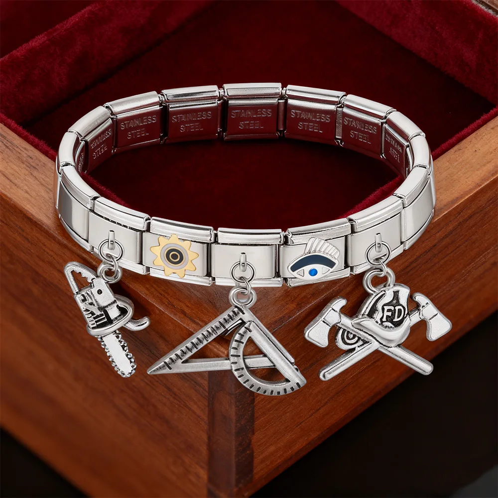 Modische Anhänger: Kettensägen, Äxte, Schraubenschlüssel, Schaufeln. Italienische Glieder passend für 9mm Edelstahl-Schmuckherstellung, Armband, DIY-Perlen. – Detail 2