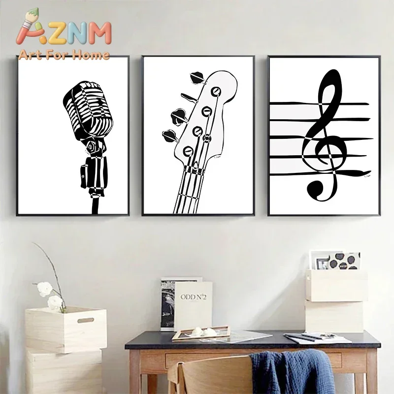 AZNM Black White Music Element Canvas Wall Art Microphone Guitar Treble Clef Note Minimalist Print Unframed Canvas Poster for Mu