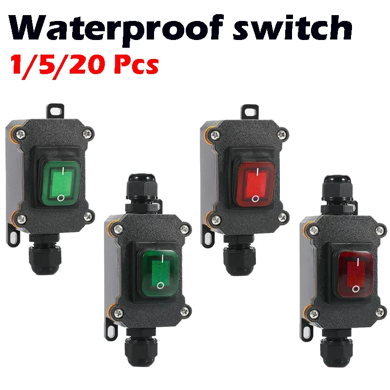 

1/5/20pcs Waterproof Marine Rocker Switch With LED 12V/24V/220V Outdoor Junction Box Inline Power Cord Power Switch IP65