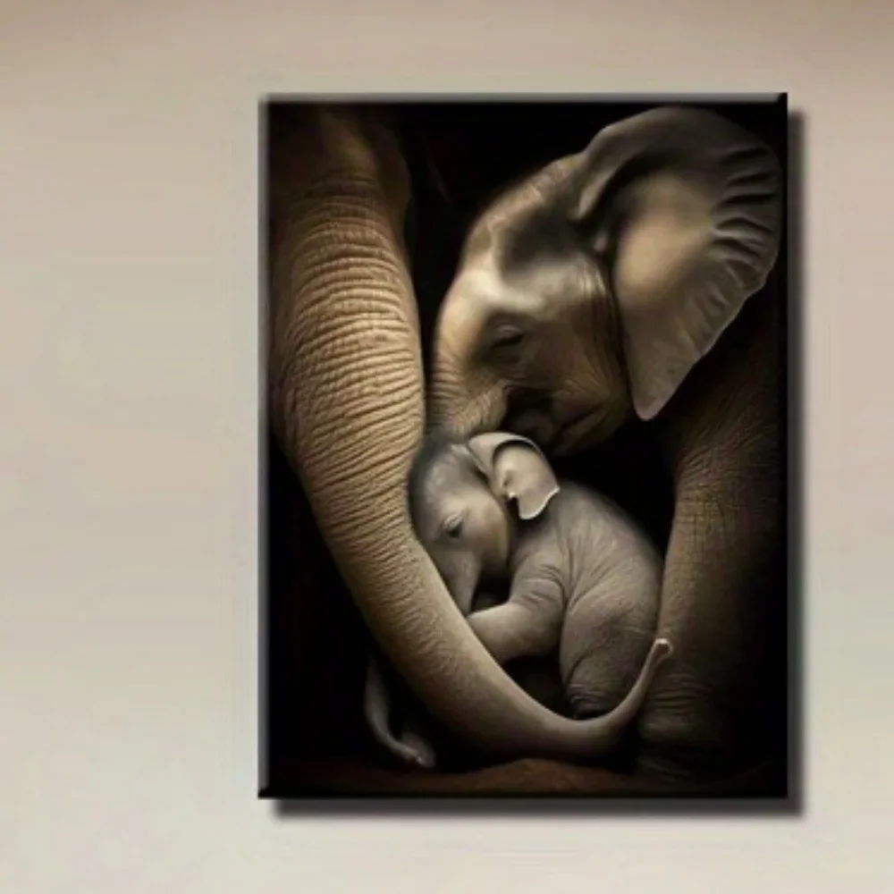 2027 Frameless Elephant and Calf Canvas Print Wall Art -  Waterproof Black & White Animal Theme Poster Minimalist H