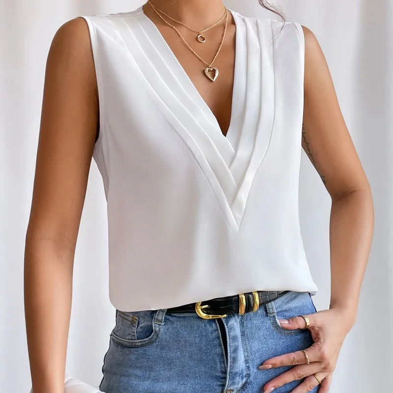 2025 Summer White Sleeveless Blouse Office Lady OL Basic Multi-level V-neck Solid Color Vest Women's Top Pullover Shirt  Blusas