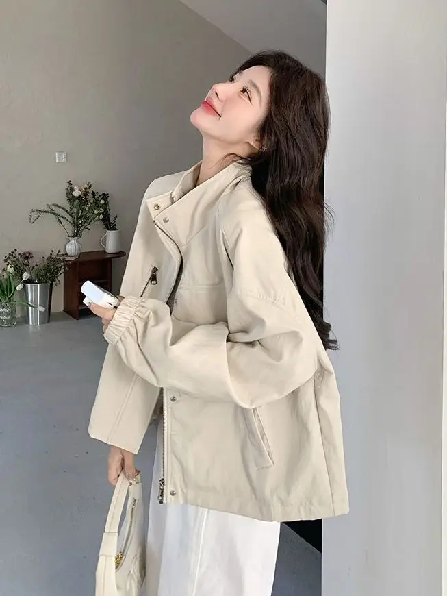 

plus Size Casual Loose Stand Collar Jaet Women's Faionable Autumn Top PU Material Long Sve ort Coat for Ladies
