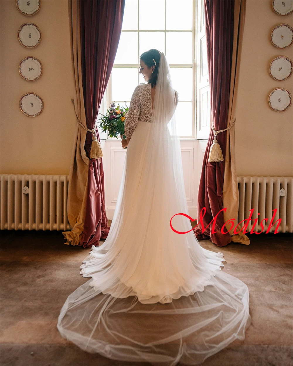 Белое тюлевое свадебное платье высокого качества по индивидуальному заказу, элегантное свадебное платье с v-образным вырезом и рукавами 3/4, с открытой спиной и шлейфом, Vestido De Novia