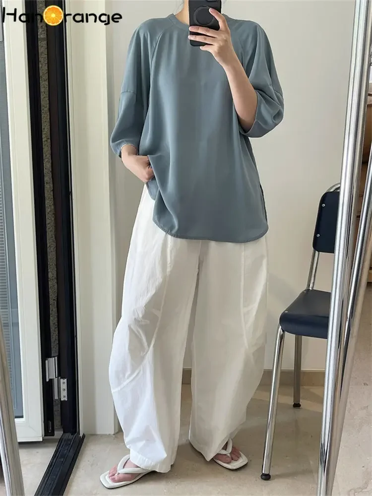 HanOrange 2025 Summer Slightly Transparent Lantern Sleeves Shirt Women Loose Mesh Thin Top Turquoise Green/Light Gray Powder