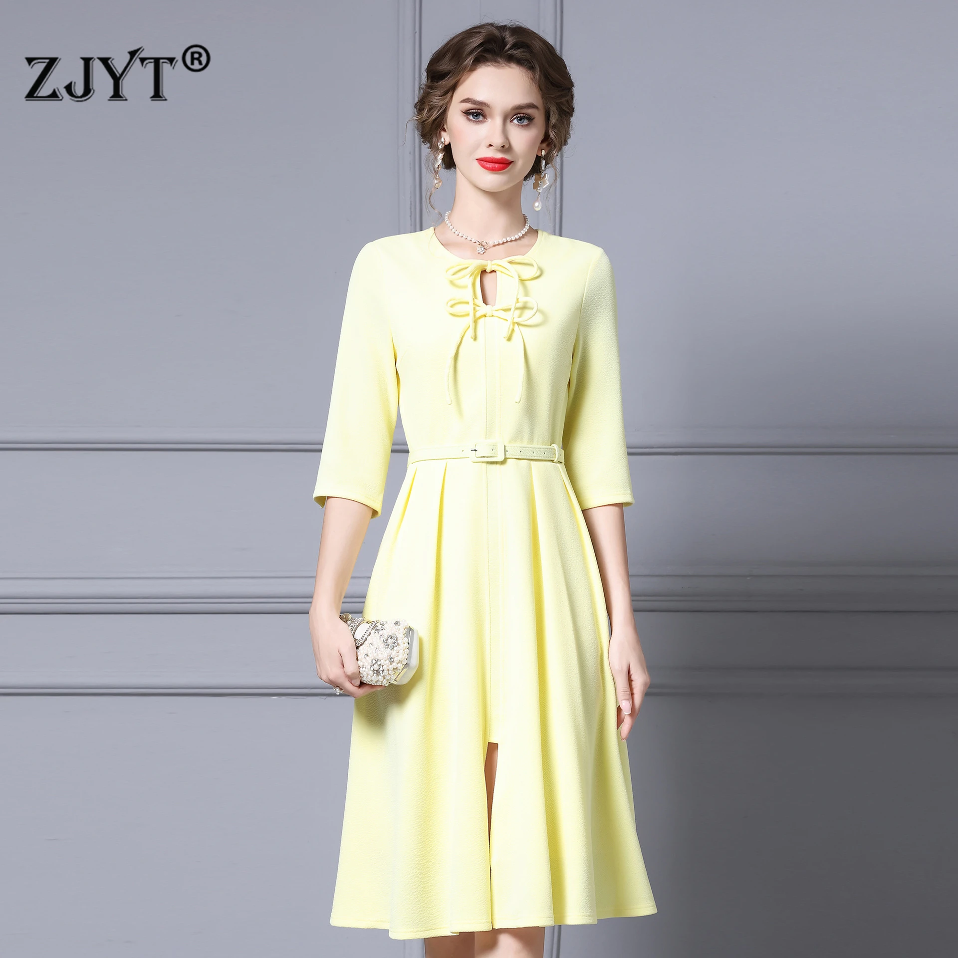 

ZJYT, осенние новые женские желтые повседневные платья с бантом, элегантное платье длиной до колена с рукавами три четверти, модная одежда для подиума 2023 года
