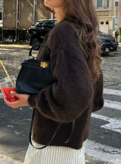 Women's Short Cardigan Autumn And Winter Round Neck Solid Color Stretch Round Neck Elegant Sweater Women Fashionable Casual Top