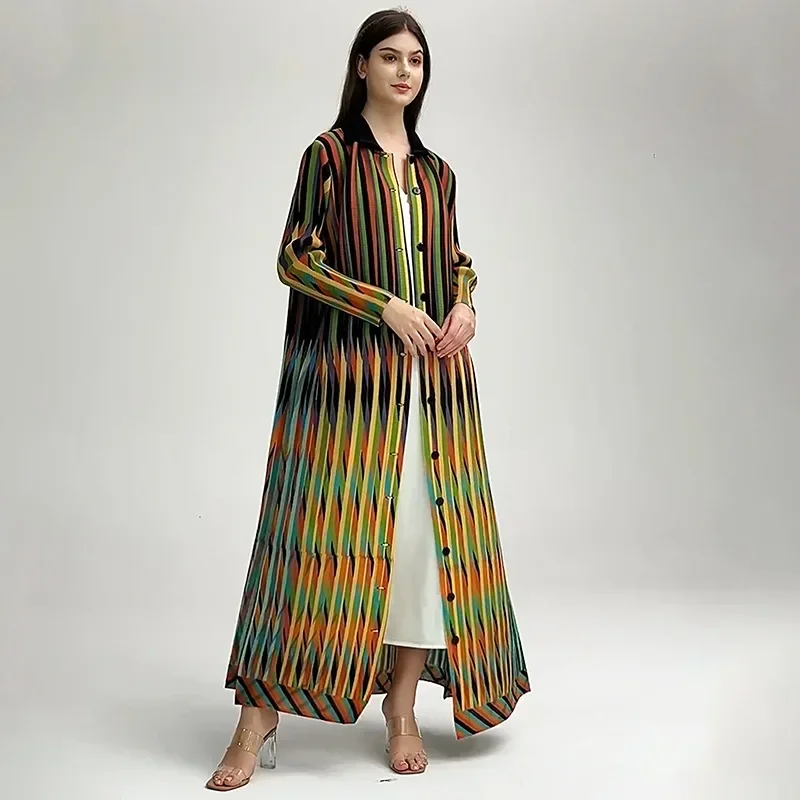 Miyake Colorful Striped Pleated Fashion Dress Women Lapel Single Breasted Loose Fit Long Dresses Party 2024 New Muslim Robe