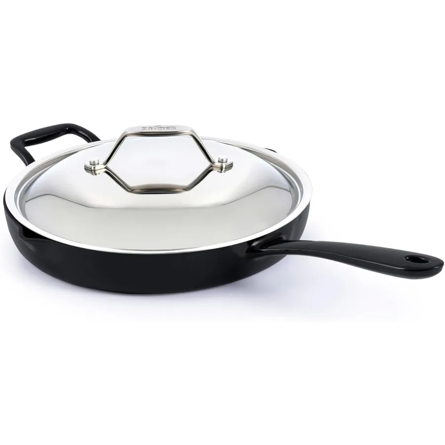 

Cast Iron Skillet - 12” Enameled Cast Iron Pan with Lid, Enamel Coating, Grill, Oven Safe up to 650°F & Compatible with All Stov