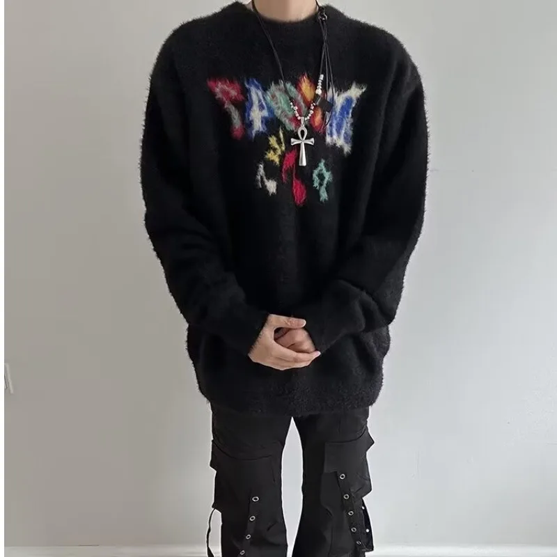 

Retro Korean Letter Embroidery Square Collar Men's Knitwear Autumn Winter New Sle Trendy Haome Large Size 300 Pou