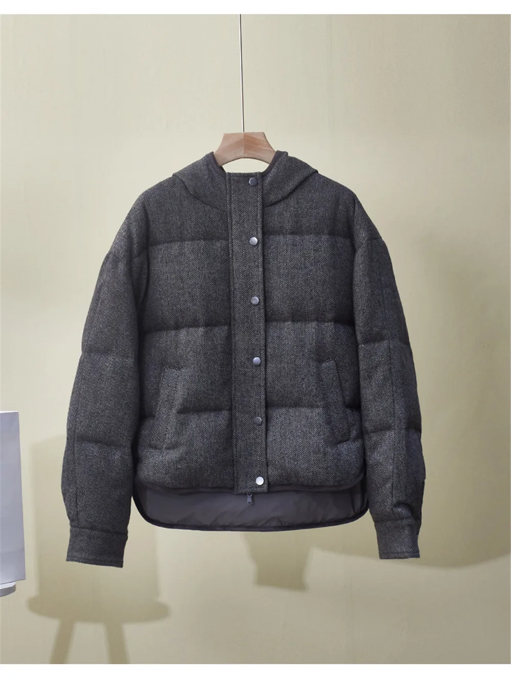 Winter Women's New Hooded Loose HerrinGbone Pattern Cardigan With Wool Splicing Goose Down Warm Down Jacket