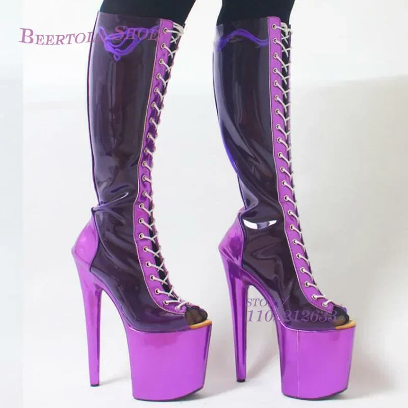 

Stiletto Heel Pvc Boots Fantasy Purple Mirror Platform Woman Knee Cross Lace Peep Toe Blue Light Color Pole Dance Girl Sexy Shoe