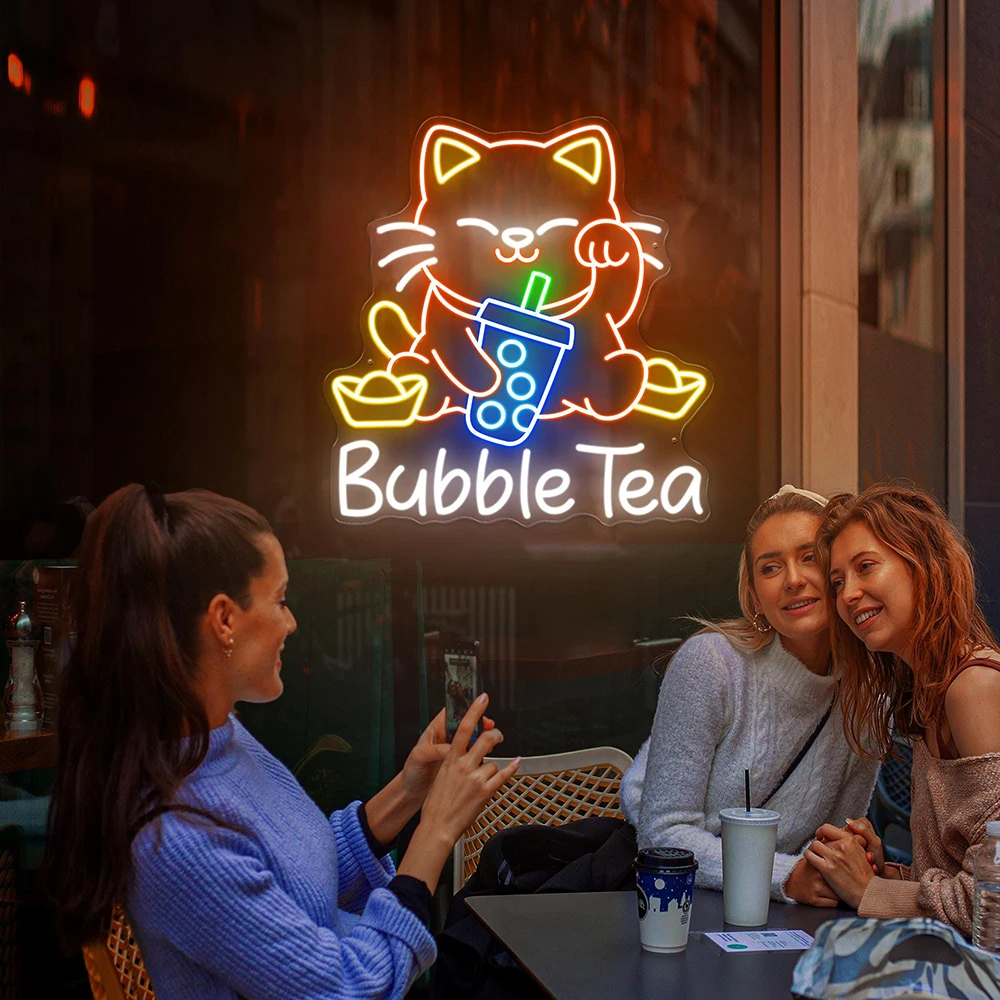 Lucky Cat Drinking Bubble Tea Neon Sign Boba Tea Shop Decor Custom Neon Sign for Coffee Drink Bar Decoration Opening Led Light