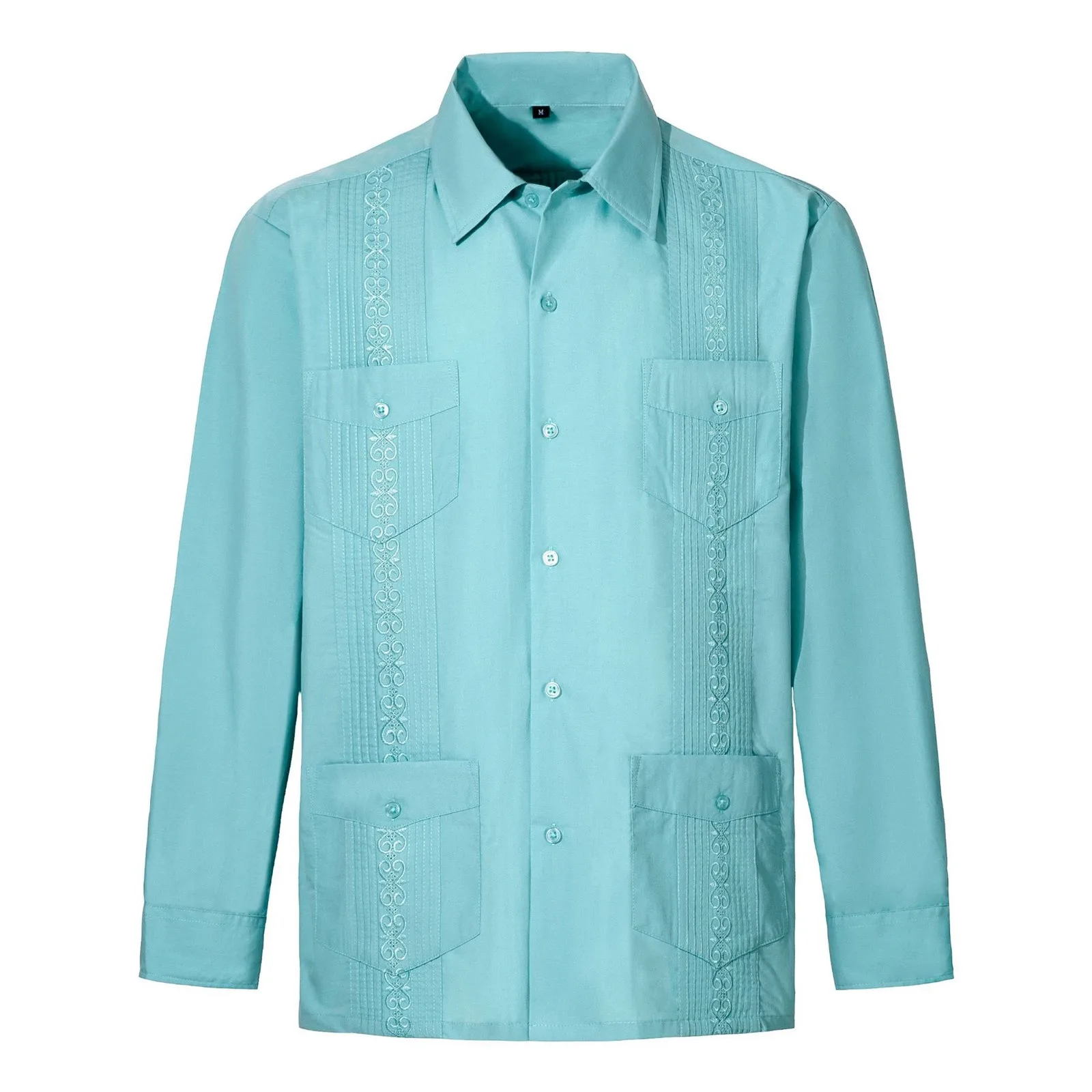 Mens Shirts Spring Autumn Embroidery Solid Color Long Sleeve Turn Down Collar Blouses Pockets Vintage Fitness Shirts Guayabera