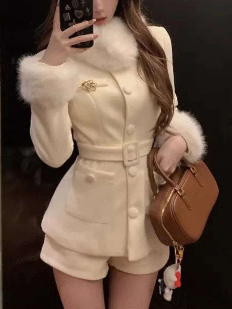 Creamy Collar Woolen Coat Collegiate Suit Women Elegant Warm Coat + High Waisted Shorts Autumn Winter Sweet Two Piece Set 2024