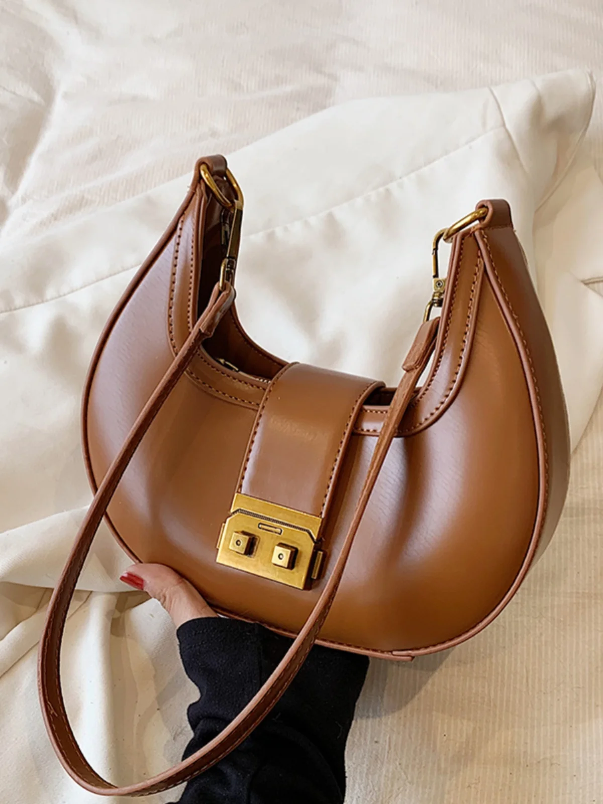 Vintage Trendy Ladies Underarm Shoulder Bag Solid Color PU Leather Crossbody Bags Women Fashion Brand Simple Female Purse