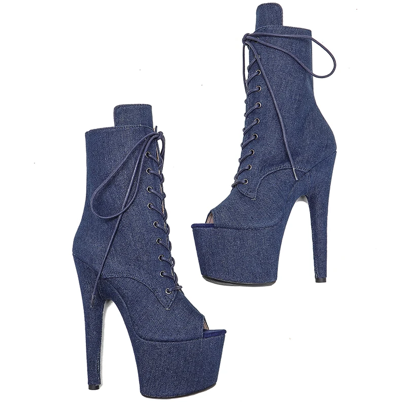 Leecabe – bottes de danse à bout ouvert, en denim, à talons hauts, 17CM/7 pouces, nouvelle collection