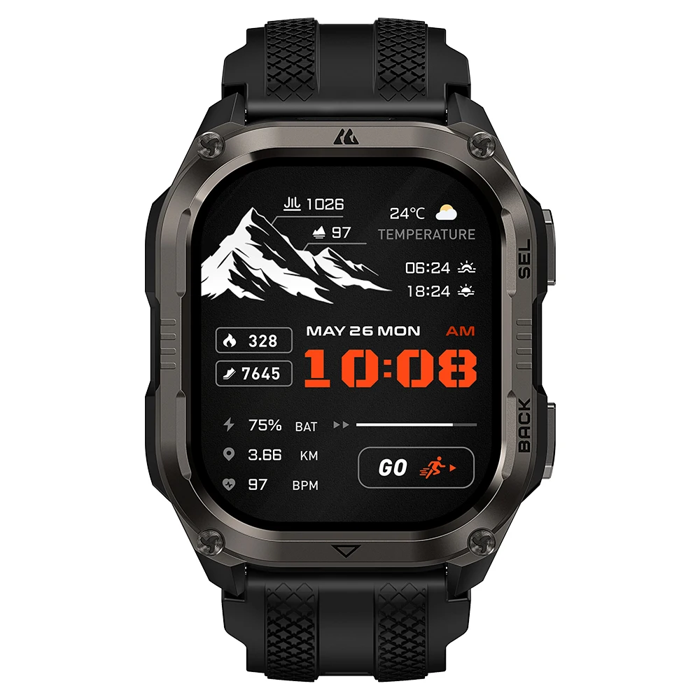 KOSPET PULSE 2 Smartwatch voor heren met GPS Dual Band AMOLED 1.96" militair horloge 5ATM IP69 LED zaklamp 170+ sporten hartslagmeter