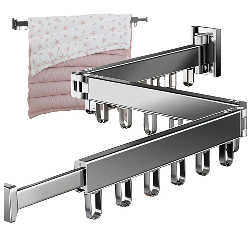 Image of Ausziehbarer Kleiderbügel Aluminiumlegierung Wäscheständer Wandmontierter Zusammenklappbarer Trockenständer Platzsparende Schiene Wäschetrockner