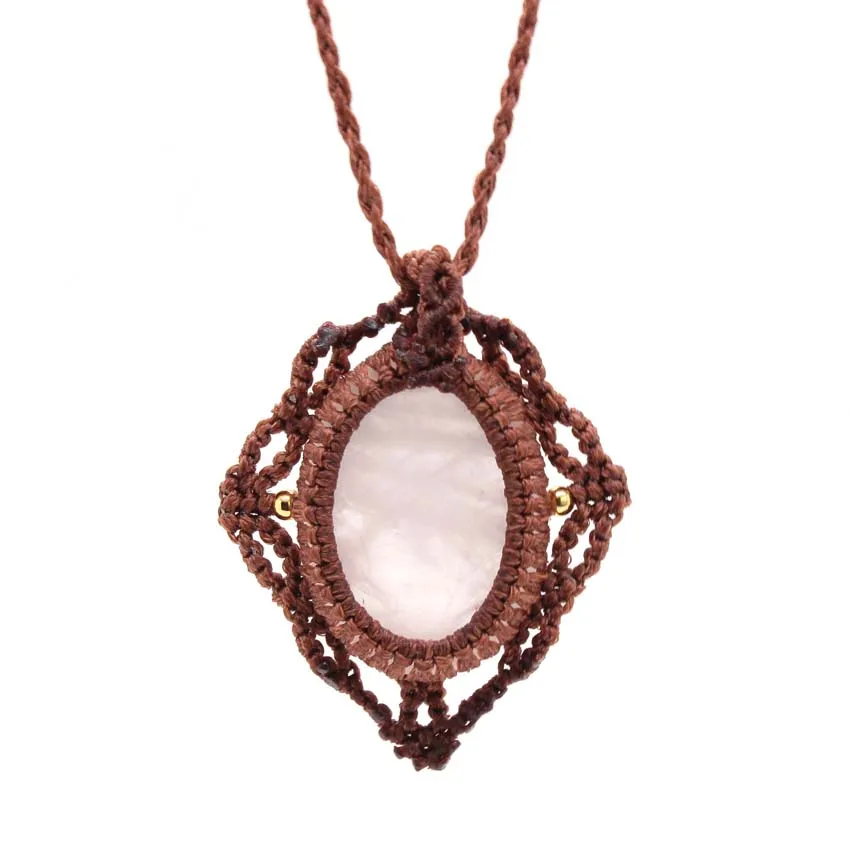 Natural Rose Quartz Crystal Stone Pendant Handmade Thread Rope Wrapped Braided Macrame Collay Chain Necklace For Women Jewelry