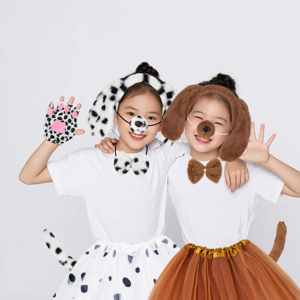 Halloween Anime Meisjes Volwassen Kinderen Gevlekte Hond Oren Leuke Pluche Grappige Dierenkostuum Cosplay Props Neus Staart Hoofdband Rok