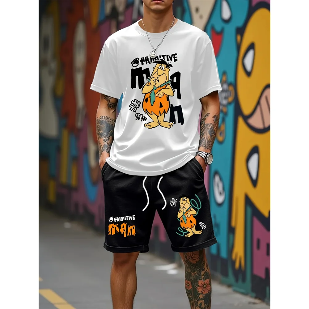 

2025 Summer New Graphic Print Men's Set Features A High Street Round-Neck Loose T-Shirt And Quick-Drying Drawstring Shorts