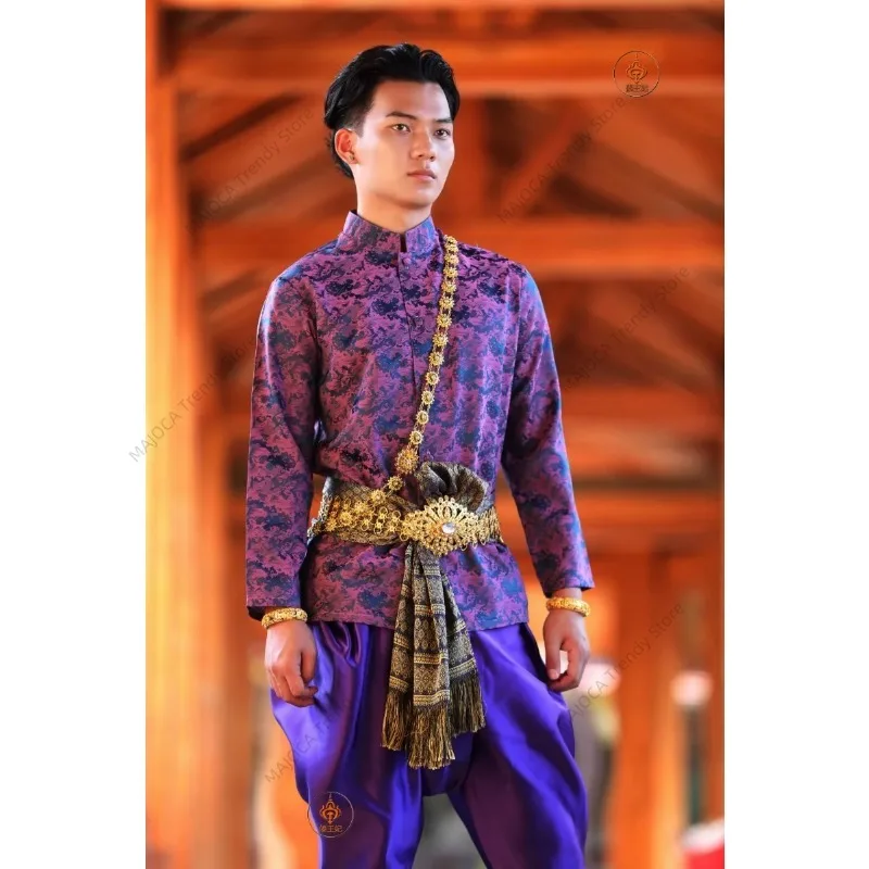 Traditional Thailand Clothing for Men Tops Pants Sets Spring Autumn Palace Retro Photography Photos Thai Costume Work Clothes