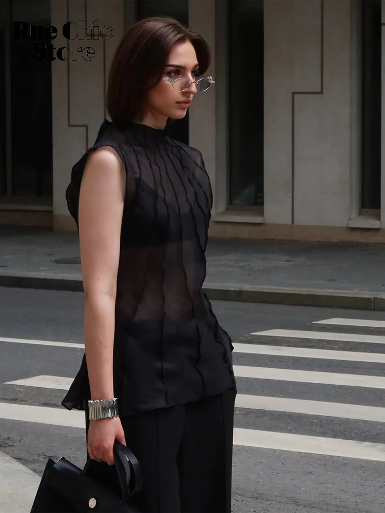 Solid Pleated Satin Sleeveless Blouse Women Chic High Neck Ruched Peplum Short Tops 2026 Lady Summer Office Commute Date Wear image 4