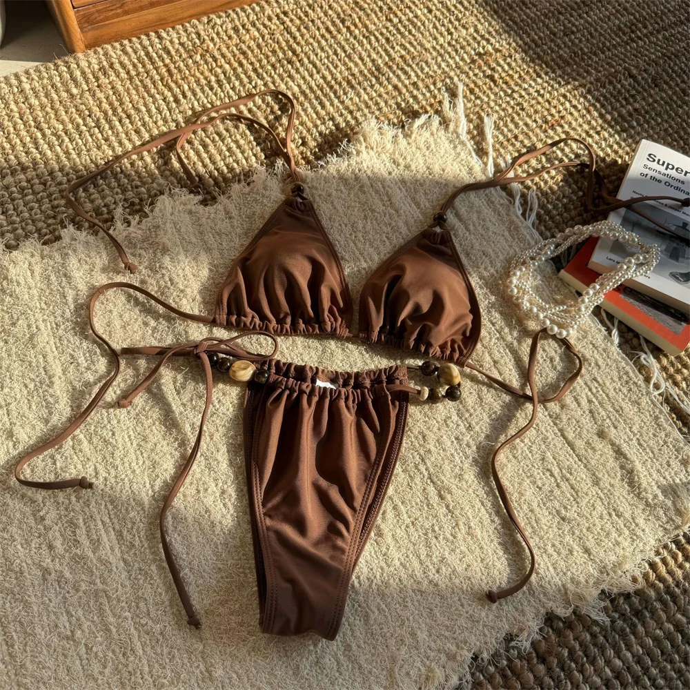 

Sexy Beaded String Bikini Triangle Swimsuit Backless Swimwears Women Halter Bikinis Set Beach Outfit Bathing Thong Swimming Suit