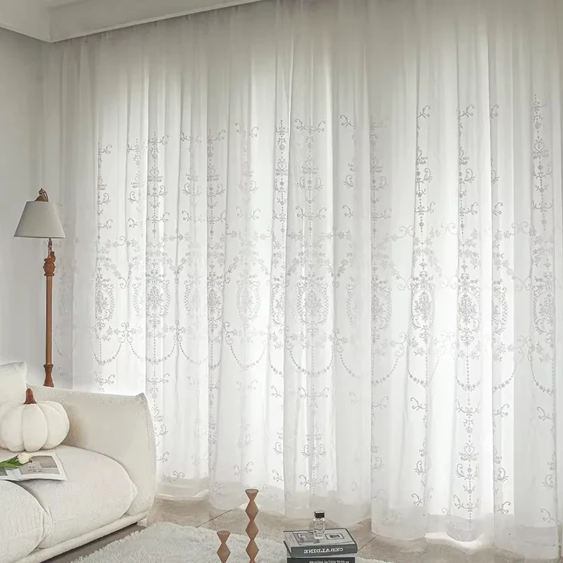 1PC White Embroidered Tulle Curtains for Living Room Luxury European Sheer Curtain for Hall Rideaux Voil