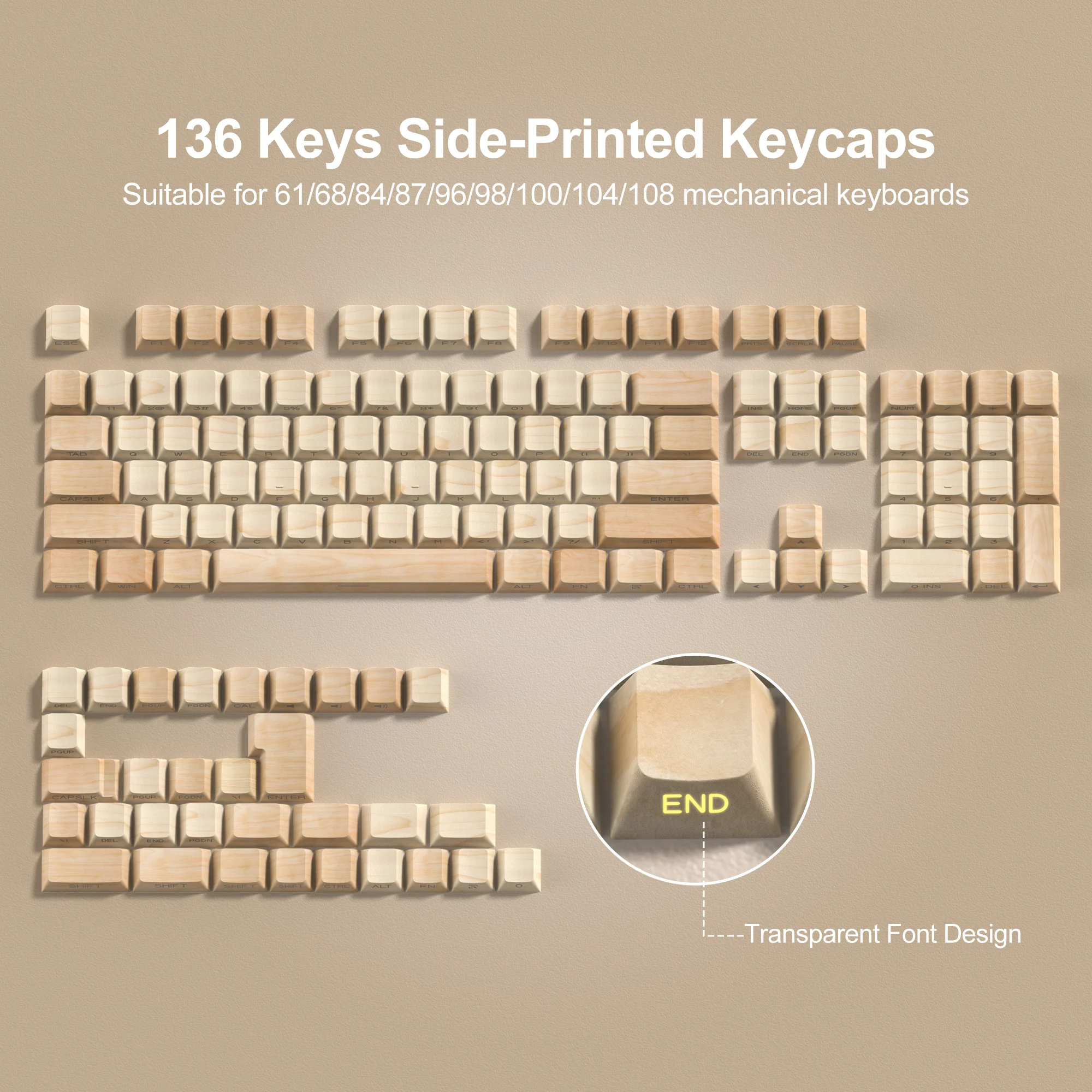 136 Keys Wood Grain Shine Through Keycaps Double Shot Side Print Keycaps Dye Sub Cherry Profile Keycaps for MX Swiches Keyboards