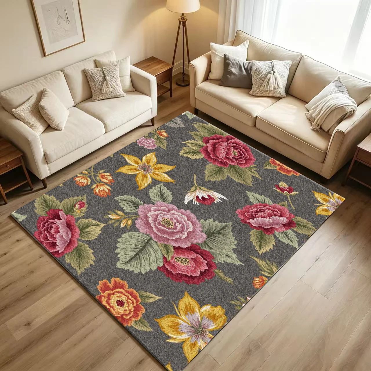 Retro Vintage Peony Floral Carpet Flooring Dark Gray Background Rich Color Blossom Leaf Botanical Seamless Art Pattern Printed Floor Rug for Household Indoor Elegant Home Decoration
