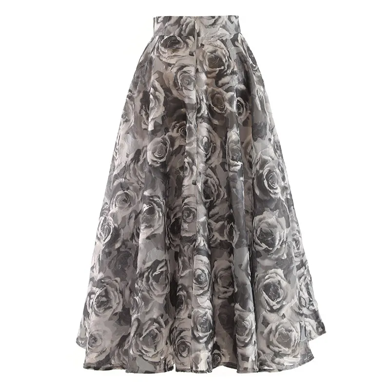 High Quality New Spring Summer Elegant Female Mid-long Skirt High Waist Hollow Out Rose Flowers Big Bottom Casual A-line Skirt