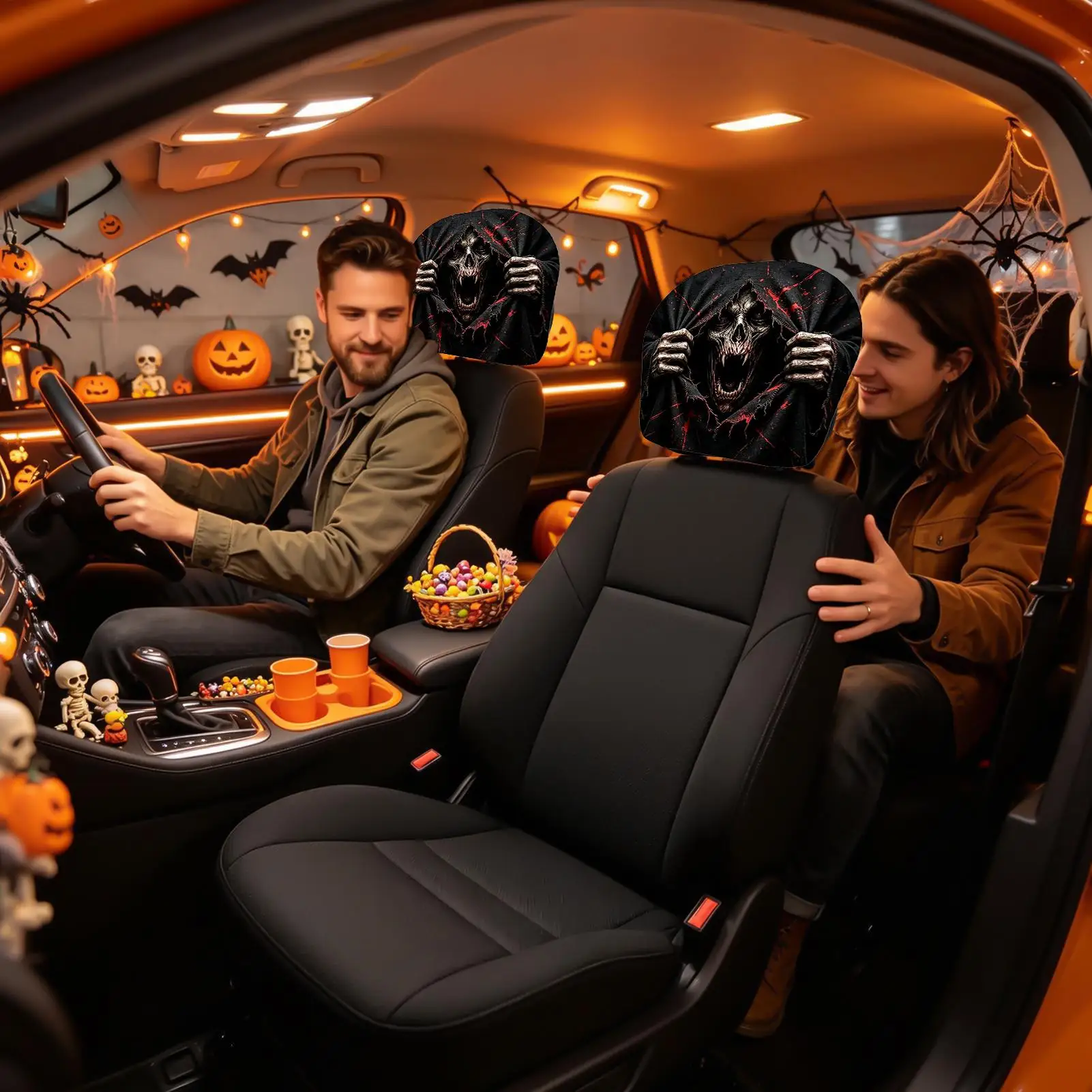 Headrest Covers For Cars Spooky Washable Auto Seat Accessories Scary Face Headrest Cover For Vehicles Trailer Motorhome