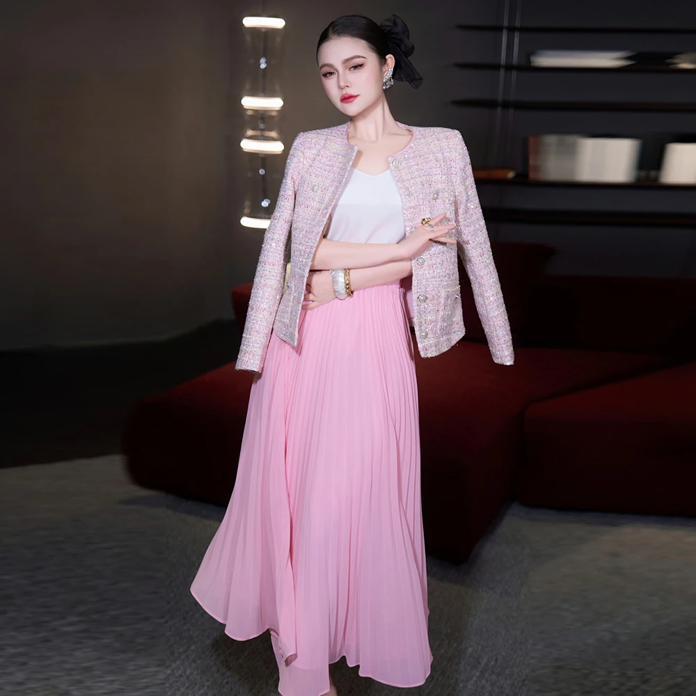 

ZJYT Autumn Winter 2025 Women Sequined Tweed Woolen Jacket Suit with Pleated Long Skirt Set 2 Pieces Clothing Sets Pink Outfit