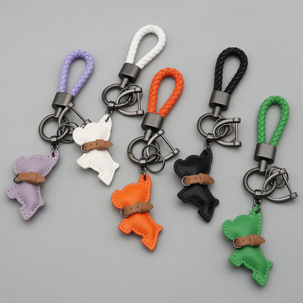 1PC Mini Französische Bulldogge Anti-verloren Schlüsselbund Leder Welpen Auto Schlüsselbund Anhänger Geflochtenes Seil
