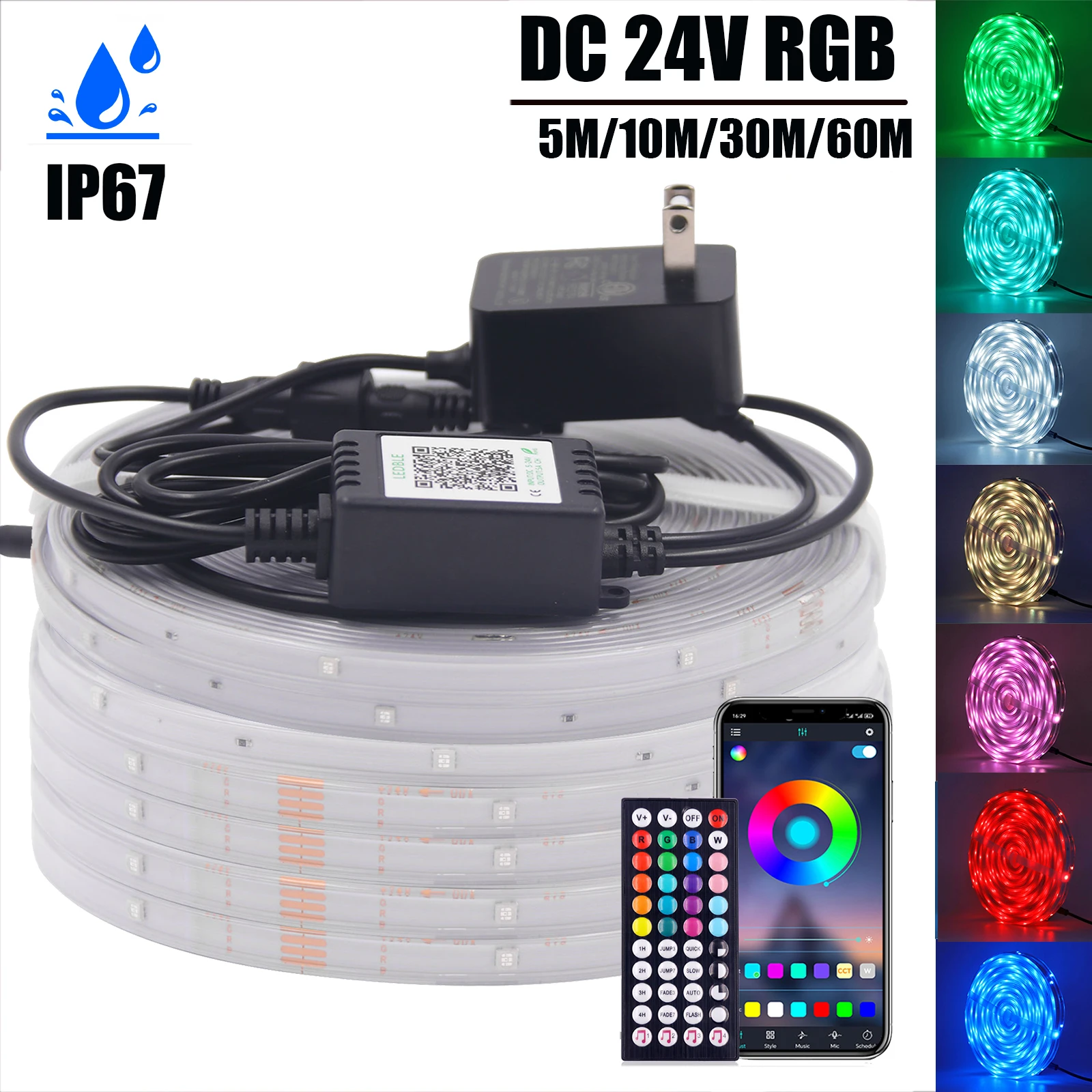 

DC 24V Bluetooth APP Control RGB LED Strip IP67 Waterproof Outdoor Garden Home Decor 5M 10M 30M 60M Flexible Ribbon LED Strip