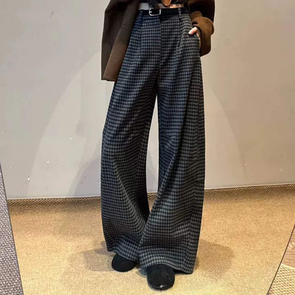 Black and gray plaid pants women's autumn and winter woolen scimitar pants high waist casual straight and thin wide-leg pants