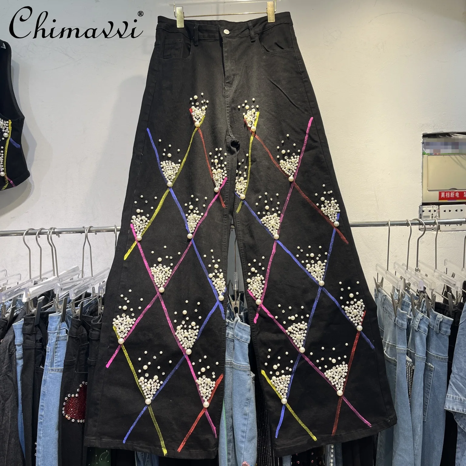 

2025 Autumn New Heavy Industry Pearl Rhombus Embroidery Black High Waist Wide Leg Jeans Loose Streetwear Cool Girl Trousers