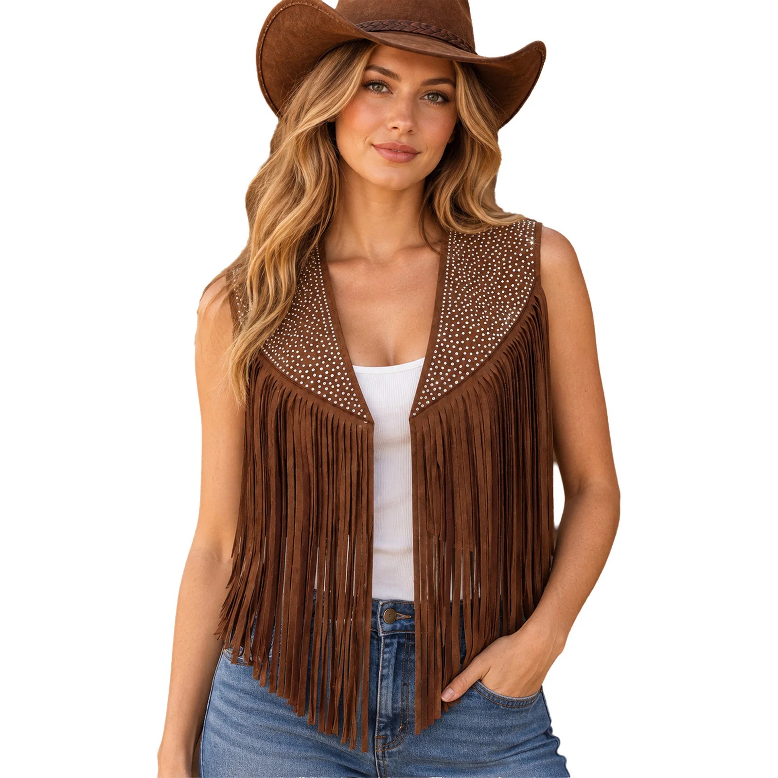 Chaleco vaquero de estilo occidental para mujer, con flecos, chaqueta de ante sintético estilo hippie de los años 70, adornos de pedrería, diseño abierto en la parte delantera y flecos, ideal para disfraces de Halloween.